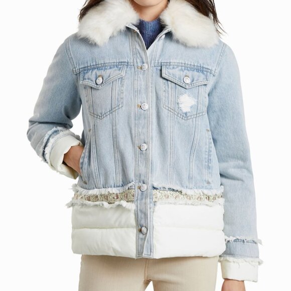 Desigual Light Wash Denim Fur Collar Quilted Interior Jacket L - Picture 1 of 7
